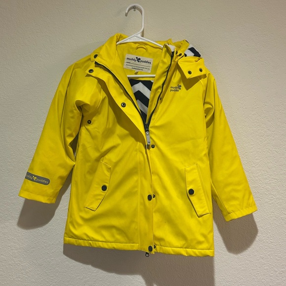 Muddy Puddles-Waterproof Fleece Lined Yellow Jacket.Detachable Hood.Zipper works - Picture 3 of 7